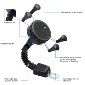 Support de téléphone pour moto avec installation rapide et rotation à 360°