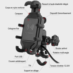Support téléphone moto 3.0 charge rapide avec protection et chargeur USB intégré